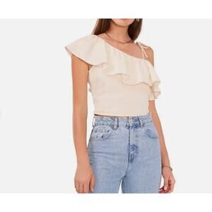 1. State One Shoulder Linen Blend Ruffle Crop Top Creme NWT Size XL
